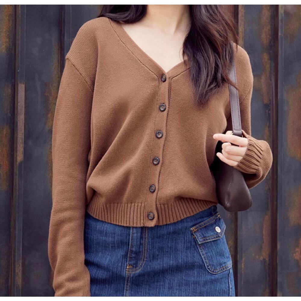 J. Galt Brandy Melville Brown Cropped Cardigan Button Front Cotton Blend